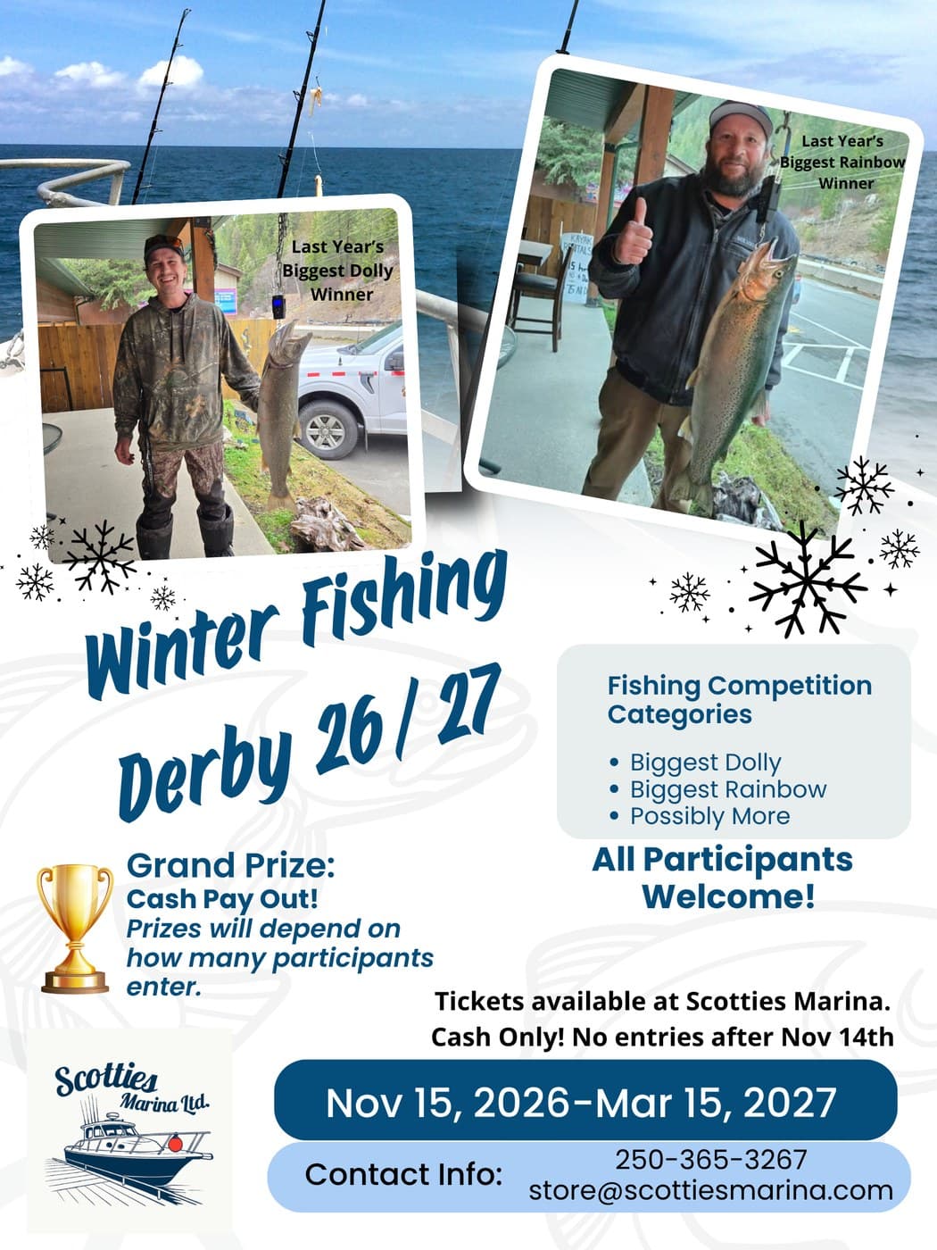 The Winter Fishing Derby 26/27 poster: two of last year's winners holding a Dolly Varden and a rainbow trout, the categories, and the dates November 15, 2026 to March 15, 2027.